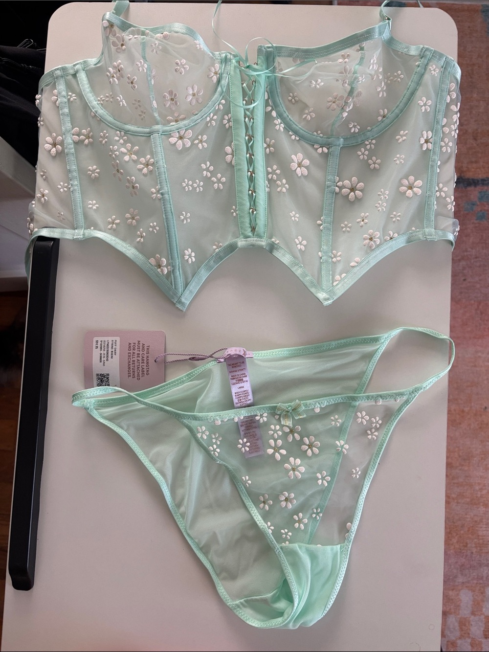 Savage X Fenty Mint Green Sheer Floral Embroidered Corset Set
